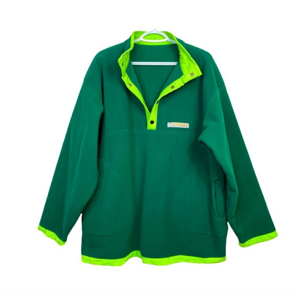 Vintage 80s Fleece Pullover Oversize Hunter Green Neon Green Nylon Trim Snaps XL